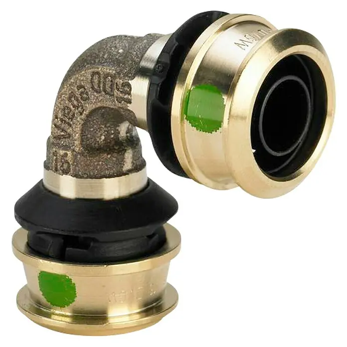 Viega Raxofix Presswinkel - Durchmesser: 25 mm - Ein 90-Grad-Winkelstück mit Pressverbindung für Rohre, ideal für Sanitär- und Heizungsinstallationen. Messing und schwarze Dichtungen.