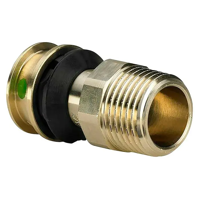 Viega Raxofix Press-ÜbergangsstückDurchmesser: 20 mm, Außengewinde: ½″ - Messingfitting mit Gewinde und schwarzem Dichtungsring. Ideal für Sanitärinstallationen und Heizungssysteme.
