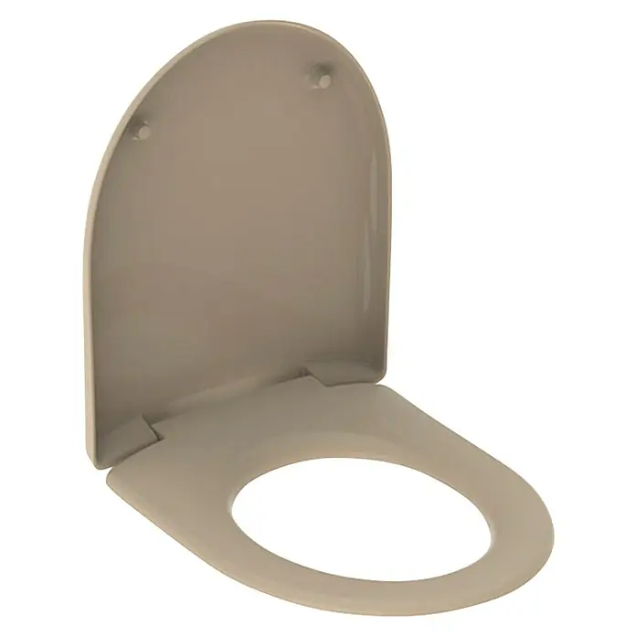 Geberit Renova WC-Sitz Typ 2 - Duroplast, Bahama Beige, Ohne Absenkautomatik - Ein cremefarbener Toilettensitz mit offenem Deckel, der ein sauberes und hygienisches Design für jedes Badezimmer bietet.