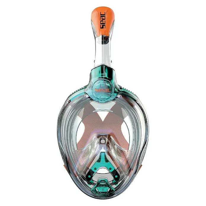 Seac Sub Máscara de Snorkel Magica - Apto para: Niños, Plástico, Azul/Naranja - Esta imagen muestra una máscara de snorkel facial SEAC Libera en aguamarina y naranja, ideal para la exploración submarina.