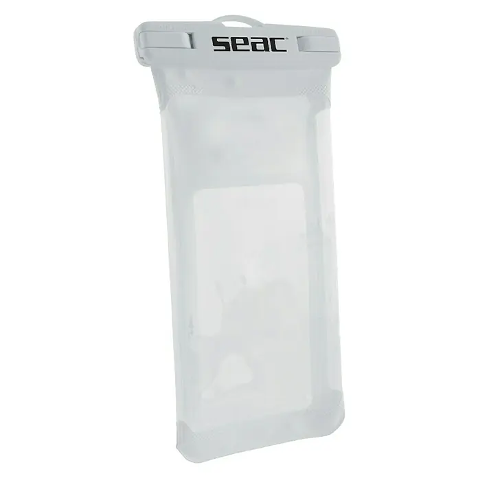 Seac Sub Funda para teléfono móvil - Blanco - Primer plano de una funda impermeable transparente para móvil SEAC, perfecta para proteger dispositivos de agua, polvo y arañazos en actividades al aire libre.