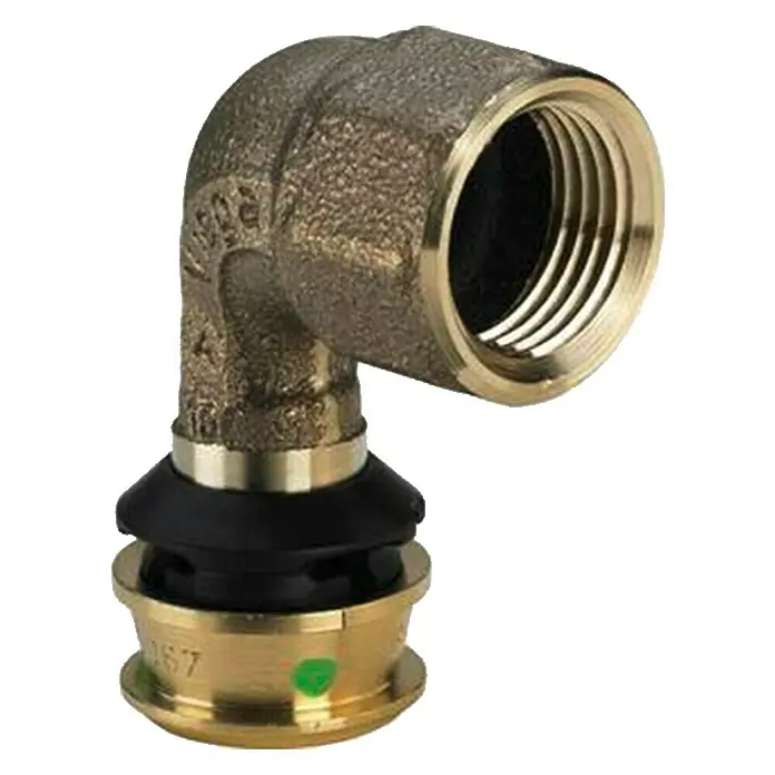 Viega Raxofix Press-Übergangswinkel - Durchmesser: 25 mm, Innengewinde: ¾″ - Nahaufnahme eines 90-Grad-Winkels mit Innengewinde, ideal für Sanitärinstallationen. Das Messing-Design sorgt für Langlebigkeit.