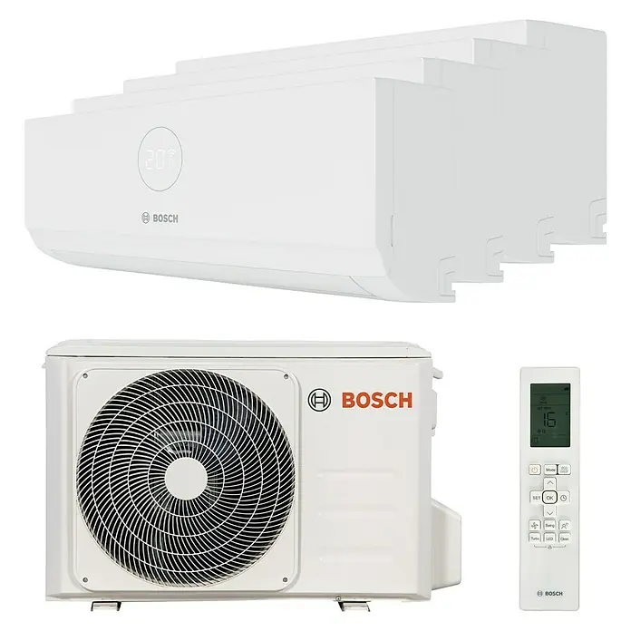 Bosch Aire acondicionado Inverter 4X1 CLIMATE 3000I - 10.600 W, 10.600 W, 18 m² - 23 m², Blanco - Conjunto de aire acondicionado Bosch con unidades interiores, unidad exterior y control remoto para una refrigeración y calefacción eficientes.