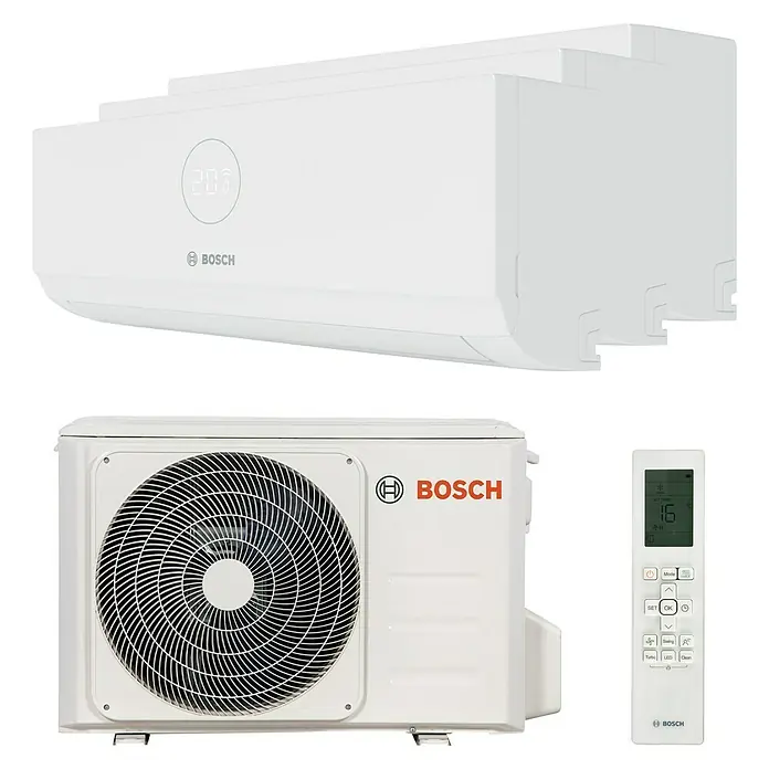 Bosch Aire acondicionado Inverter 3X1 CLIMATE 3000I - 7.900 W - 8.200 W, 8.200 W, 18 m² - 23 m², Blanco - Aire acondicionado Bosch con unidad interior, unidad exterior y control remoto. El sistema garantiza un clima interior confortable.