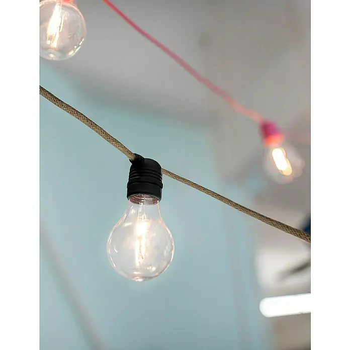 New Garden Guirnalda luminosa solar Allegra - Largo: 8 m, Blanco cálido, Yute - Conjunto decorativo de bombillas con bombillas transparentes y detalles de color, ideal para iluminación ambiental y decoración.