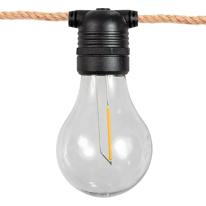 New Garden Guirnalda LED Allegra - 8 m, LED, Color de luz: Blanco cálido, Yute - Primer plano de una bombilla decorativa con suspensión de cuerda y filamento LED sobre fondo negro.