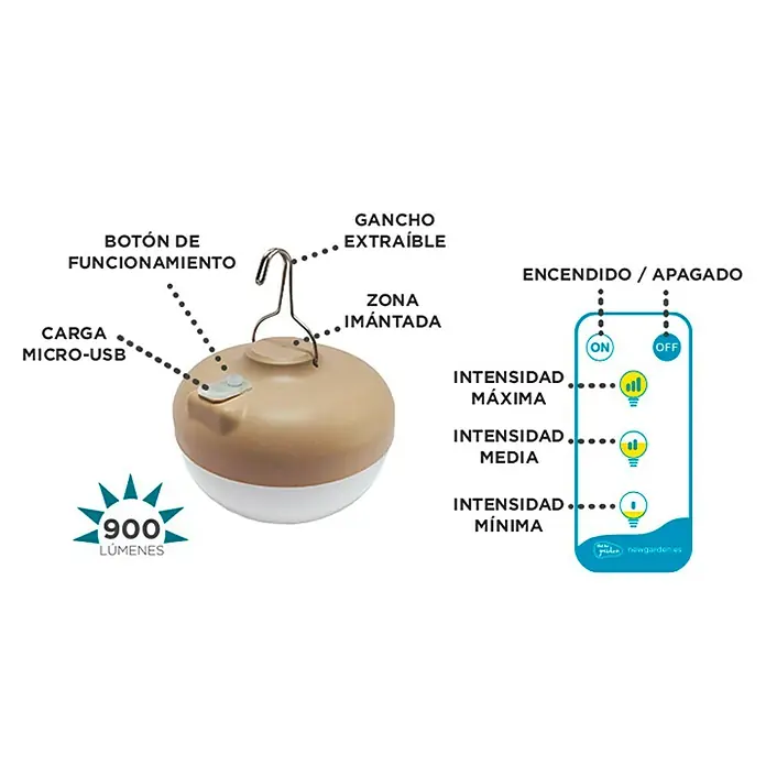 New Garden Aplique para exterior LED con batería Cherry - 9 W, 900 lm, Beige - Imagen de una linterna portátil Newgarden de 900 lúmenes, con diferentes intensidades de luz y un gancho extraíble.