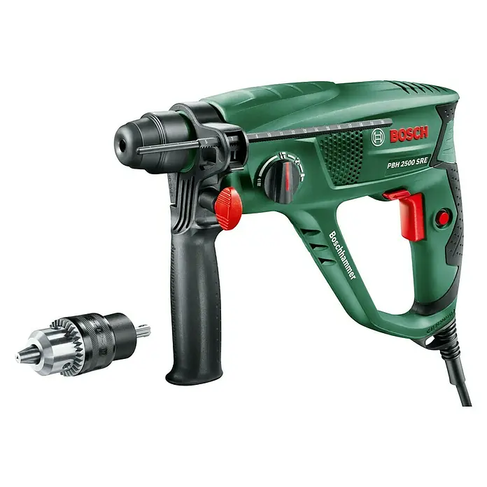 Bosch Bohrhammer PBH 2500 SRE - 600 W, 1,9 J, SDS-Plus-Aufnahme - Bild einer grünen Bosch PBH 2500 SRE Schlagbohrmaschine mit einem Bohrfutter auf einem schwarzen Hintergrund.