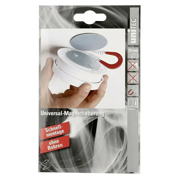 Rauchmelder-Befestigung Universal - Durchmesser: 7 cm, Magnetisch - Das Bild zeigt eine Universal-Magnethalterung von unitec in einer Verpackung mit Produktdetails und Symbolen.