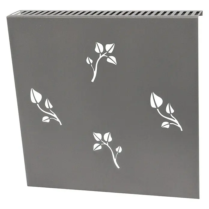 Szagato Heizkörperverkleidung Leaves - 60 x 60 cm, Moonstone, Glänzend, 2 Stk. - Graue Heizkörperverkleidung mit ausgeschnittenen Blumenmustern und Lüftungsschlitzen oben für eine stilvolle Wärmeabdeckung.