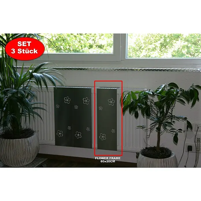 Szagato Heizkörperverkleidung Flower Frame - 20 x 60 cm, Edelstahl, Matt, 3 Stk. - Produktansicht der Heizkörperverkleidung mit Blumenmuster, ein 3er-Set, das jedem Raum eine frische Note verleiht. Die Maße des Rahmens betragen 60x20cm.