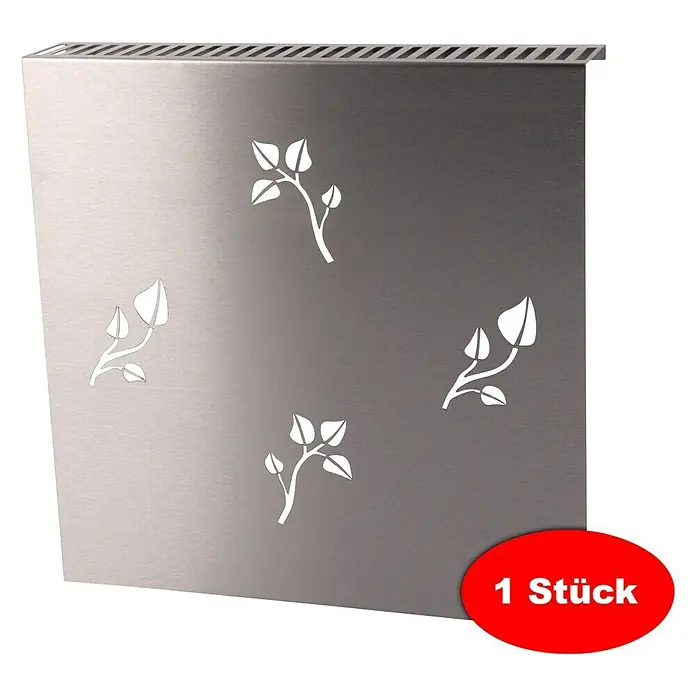 Szagato Heizkörperverkleidung Leaves - 60 x 60 cm, Edelstahl, Matt, 1 Stk. - Produktabbildung: Metallabdeckung mit Aussparungen in Blattform. Perfekt zum Abdecken unschöner Heizkörper mit floralem Design.