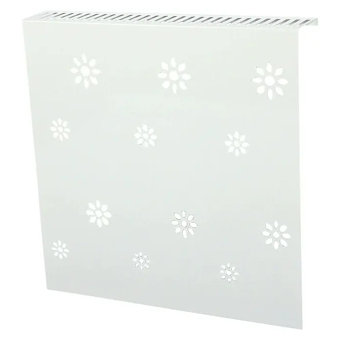 Szagato Heizkörperverkleidung Flower - B x L: 60 x 60 cm, Weiß, Glänzend, 2 Stk. - Ein weißer Heizkörperverkleidung mit Blumenmuster und horizontalen Schlitzen oben, die Wärme ableiten.