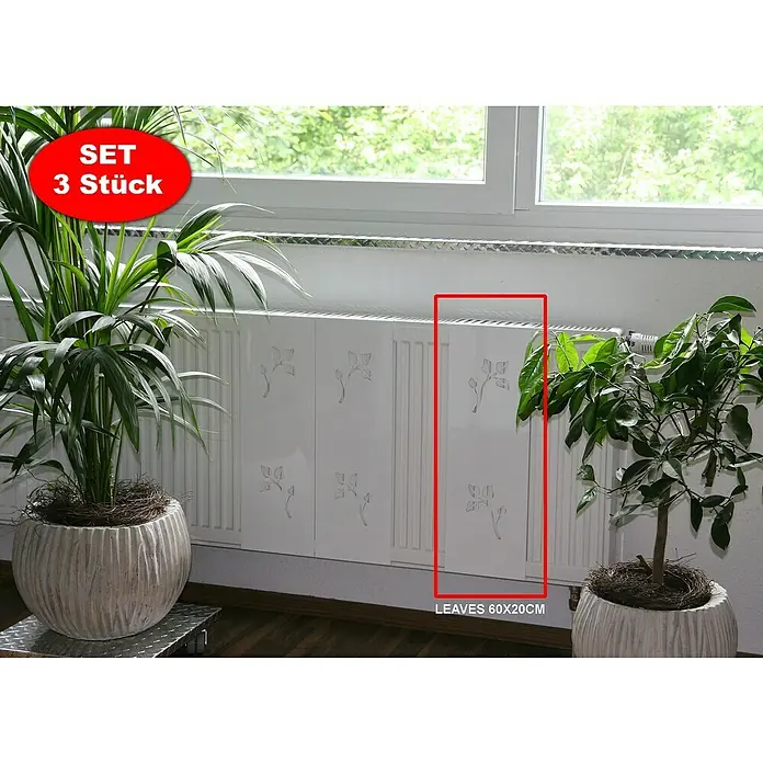 Szagato Heizkörperverkleidung Leaves - B x L: 20 x 60 cm, Weiß, Glänzend, 3 Stk. - Produktansicht eines Heizkörperverkleidungs-Sets mit Blättermotiv. Das 3-teilige Set verschönert jeden Heizkörper stilvoll.