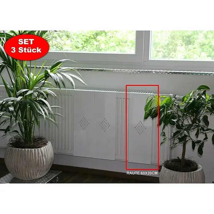 Szagato Heizkörperverkleidung Raute - B x L: 20 x 60 cm, Weiß, Glänzend, 3 Stk. - Heizkörperverkleidung im 3er-Set, Rautenmuster, Abmessungen 60x20cm, stilvolles Design zur Verschönerung des Wohnraums und Abdeckung unansehnlicher Heizkörper.
