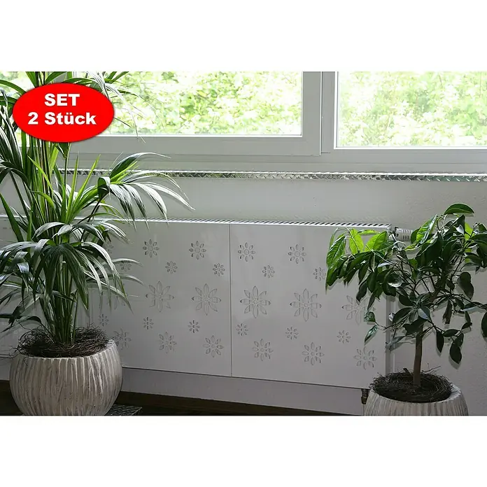 Szagato Heizkörperverkleidung Flower - B x L: 60 x 60 cm, Weiß, Glänzend, 2 Stk. - Heizkörperverkleidung mit Blumenmuster, 2er Set. Verschönert jeden Raum, schützt vor Verbrennungen und bietet zusätzliche Ablagefläche.