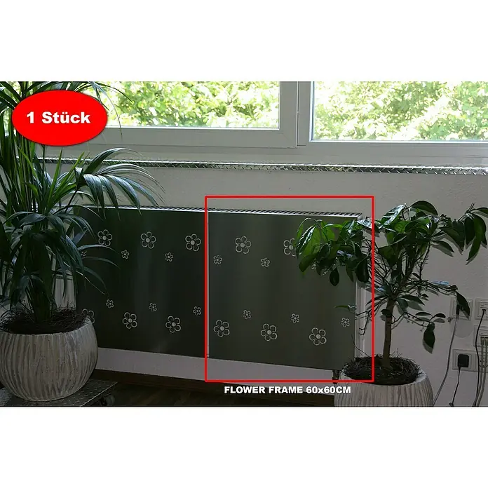 Szagato Heizkörperverkleidung Flower Frame - 60 x 60 cm, Edelstahl, Matt, 1 Stk. - Produktbild eines Heizkörperverkleidung mit Blumenmuster, die eine stilvolle und funktionale Ergänzung für Ihr Zuhause darstellt.