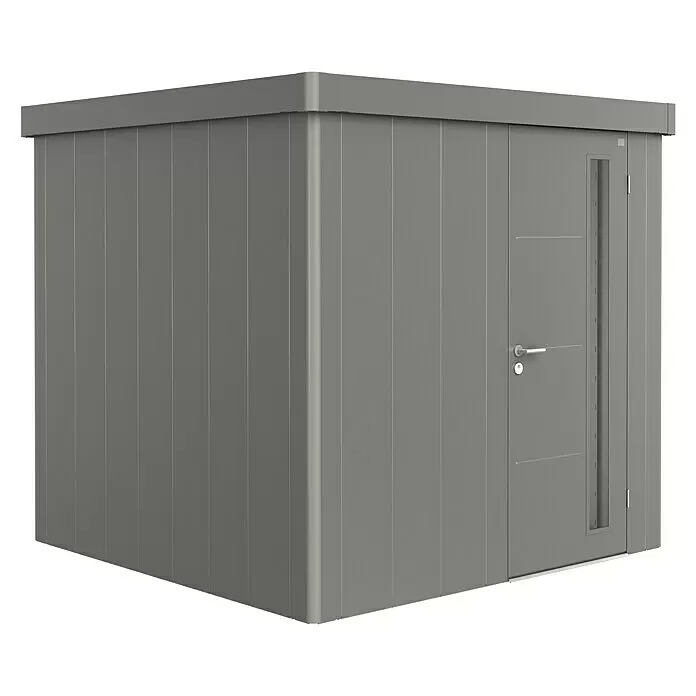 Biohort Neo Gerätehaus Neo 2B - Außenbreite inkl. Dachüberstand: 236 cm, Außentiefe inkl. Dachüberstand: 236 cm, Stahl, Quarzgrau Metallic, Einzeltür - Diagonale Ansicht