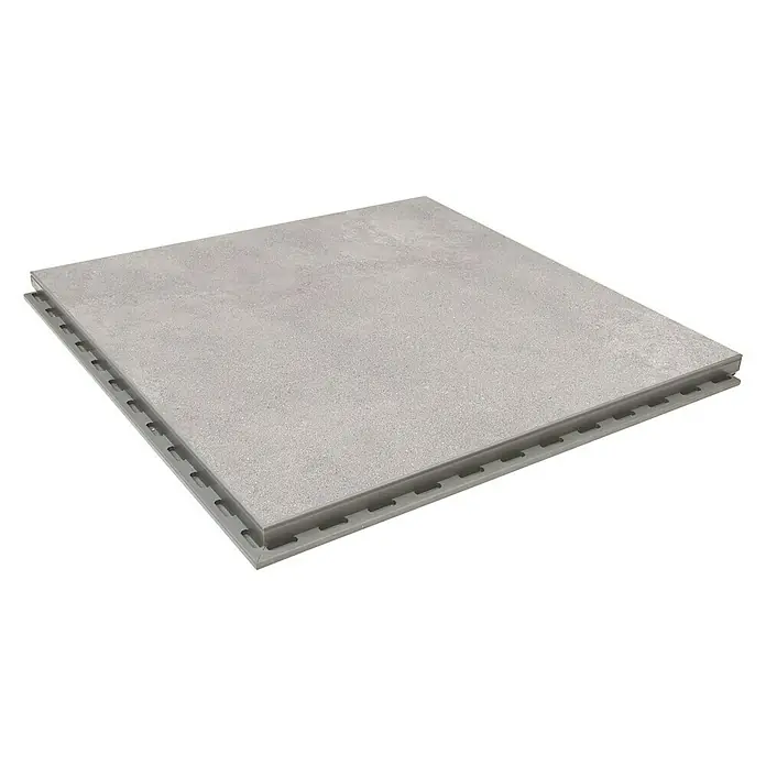 Terrassenfliese Click and Go Square Concrete - 60 x 60 cm, Grau, Matt - Nahaufnahme einer einzelnen Terrassenplatte mit grauem Steinmuster und umlaufendem Rahmen zur einfachen Installation.