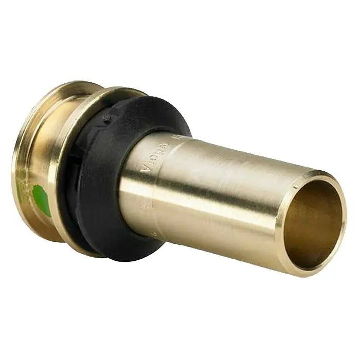 Viega Raxofix Presskupplung - 16 x 15 mm - Ein Messingrohrverbinder mit schwarzer Dichtung und grünem Einsatzstück. Ideal für Sanitär- und Heizungsinstallationen.