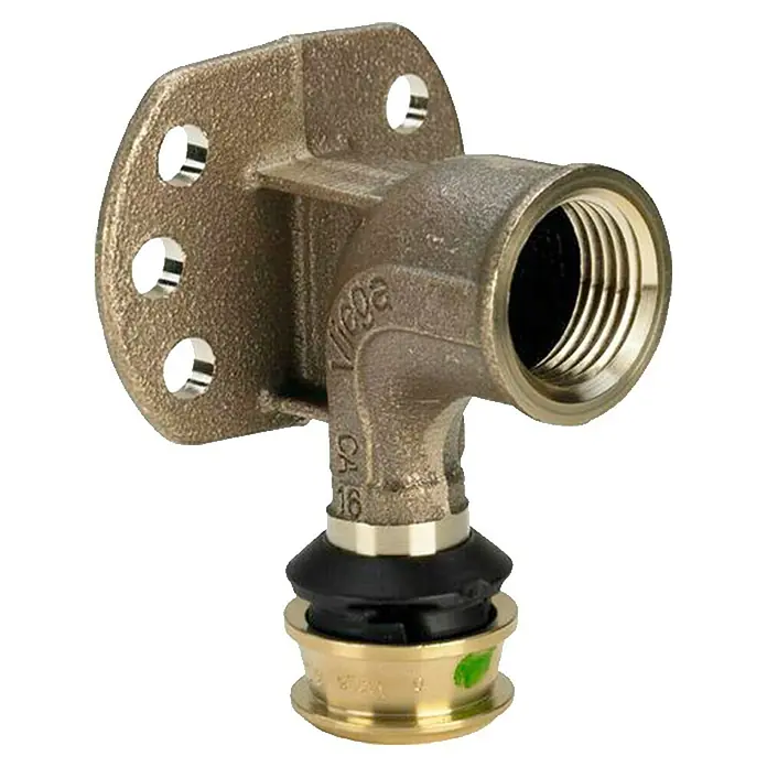 Viega Raxofix Press-Wandwinkel - Durchmesser: 16 mm, Innengewinde: ½″ - Nahaufnahme eines robusten Wandwinkels mit Gewindeanschluss und Befestigungsflansch, ideal für Sanitär- und Heizungsinstallationen.