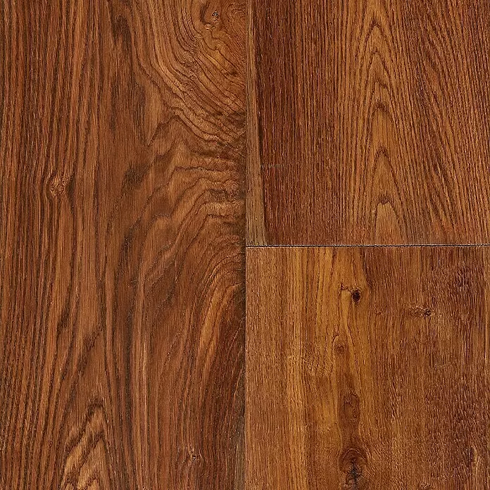 Parkett - Eiche Rosenheim, Landhausdiele, 2.200 x 260 x 15 mm - Brauner Holzboden mit ausgeprägten Maserungen, der mehrere zusammengelegte Dielen zeigt.