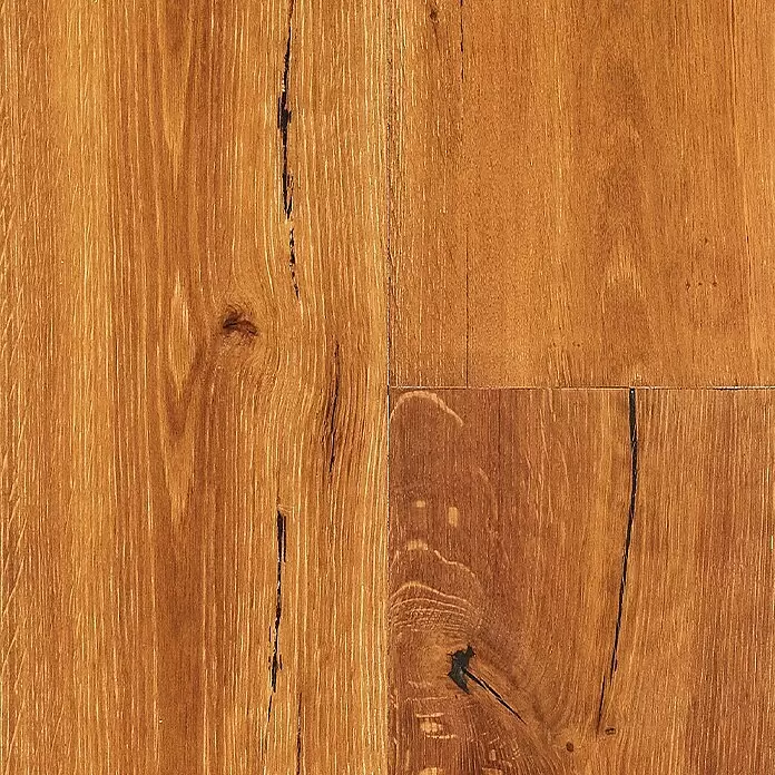 Parkett - Eiche Byzanz, Landhausdiele, 1.900 x 190 x 14 mm - Honigfarbener Holzboden mit sichtbarer Maserung und dunklen Ästen.
