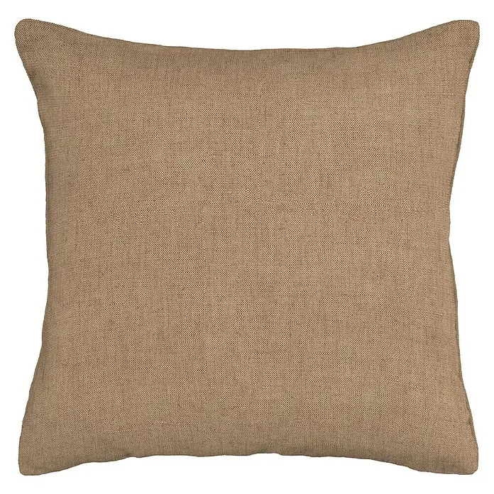 Cojín Kiron - 60 x 60 cm, Textil, Beige - Primer plano de un cojín cuadrado de lino en marrón claro con una ligera textura, sobre un fondo negro.