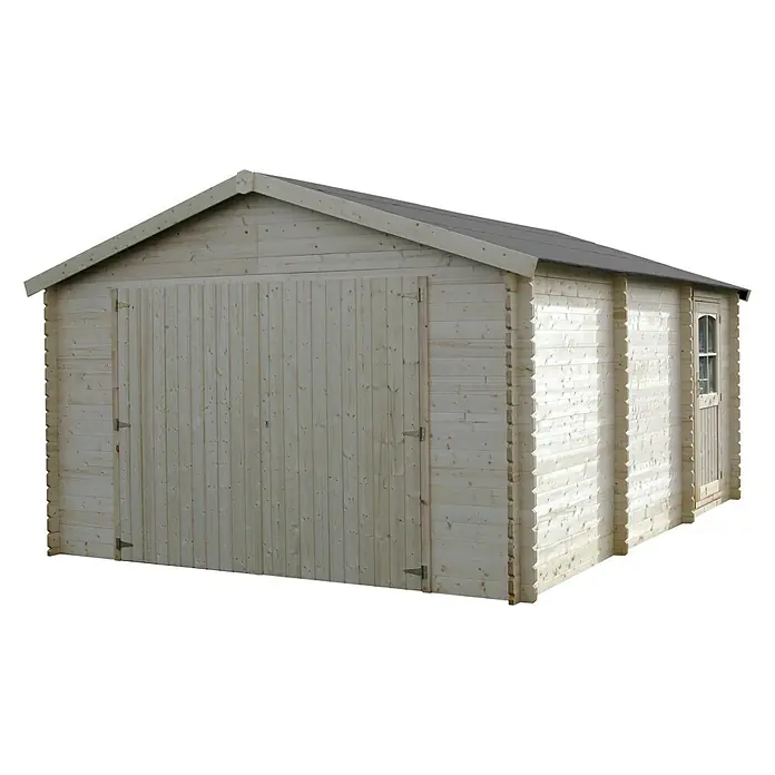 Décor et Jardin Caseta de jardín Garodeal - Medidas ext. (An x Pr): 403 x 522 cm, Madera, Natural - Garaje de madera con puerta doble y ventana, ideal para guardar herramientas de jardín y vehículos.