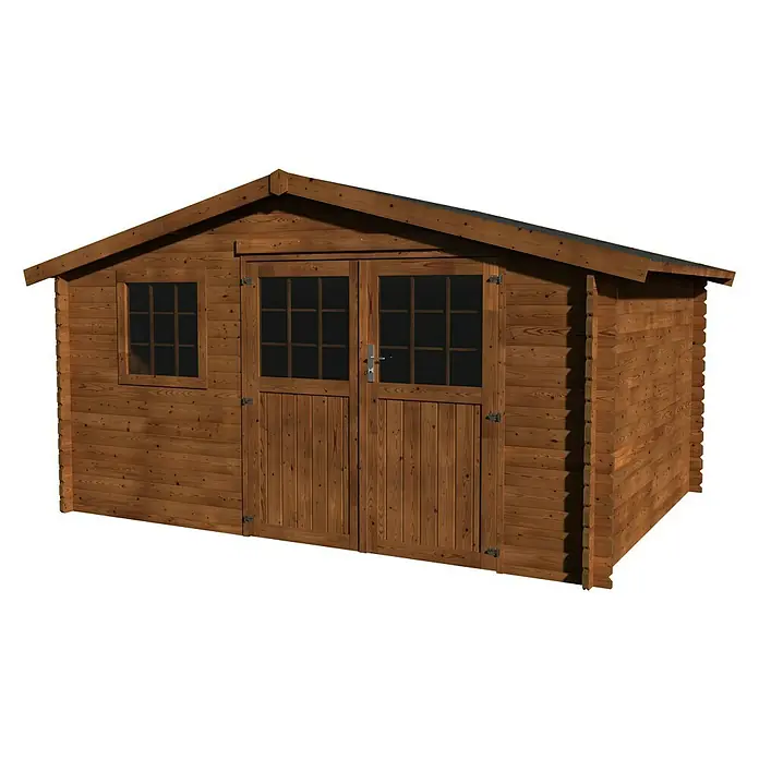 Décor et Jardin Caseta de jardín Valerian - Medidas ext. (An x Pr): 414 x 303 cm, Espesor de pared: 34 mm, Marrón - Imagen de una caseta de jardín de madera con puerta doble y ventana, perfecta para almacenamiento.