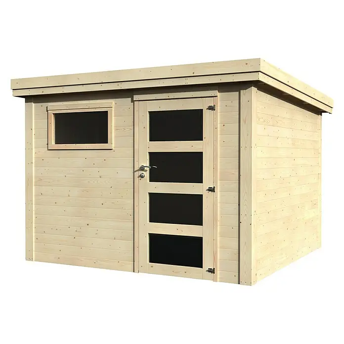 Décor et Jardin Caseta de jardín Paco - Medidas ext. (An x Pr): 300 x 305 cm, Espesor de pared: 28 mm, Blanco - Caseta de jardín de madera clara con techo plano, puerta con paneles de vidrio y pequeña ventana, ideal para herramientas.
