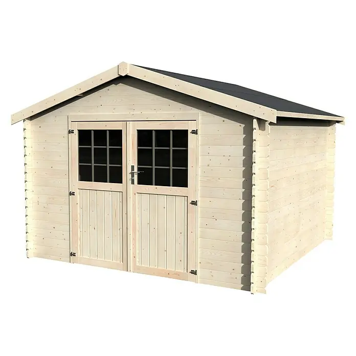 Décor et Jardin Caseta de jardín Flovene - Medidas ext. (An x Pr): 346 x 330 cm, Espesor de pared: 28 mm, Natural - Amplio cobertizo de jardín de madera clara con puerta doble y ventanas, ideal para guardar herramientas de jardín.