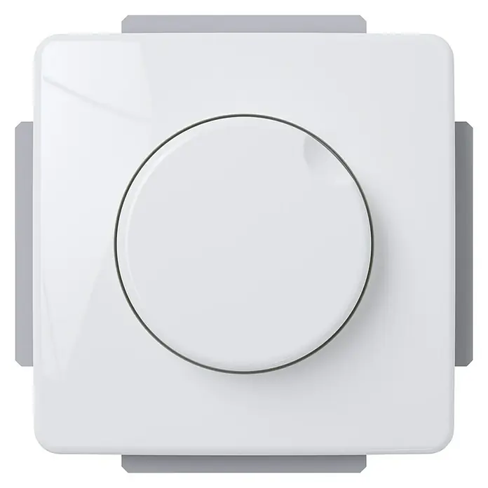 Voltomat LINEA Dimmer - Alpinweiß, Elektronisch - Nahaufnahme eines weißen Lichtschalters mit Drehknopf, der ein modernes und minimalistisches Design für die Beleuchtungssteuerung zeigt.