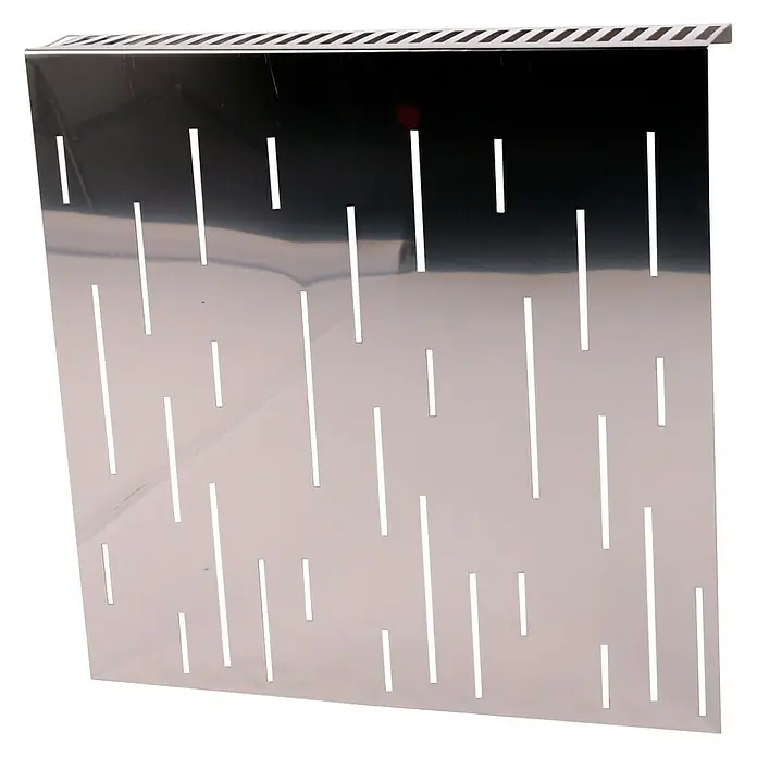 Szagato Heizkörperverkleidung Rain - B x L: 60 x 60 cm, Edelstahl, Glänzend, 2 Stk. - Eine rechteckige, silberne Metallplatte mit länglichen Schlitzen und einem gestreiften oberen Rand.