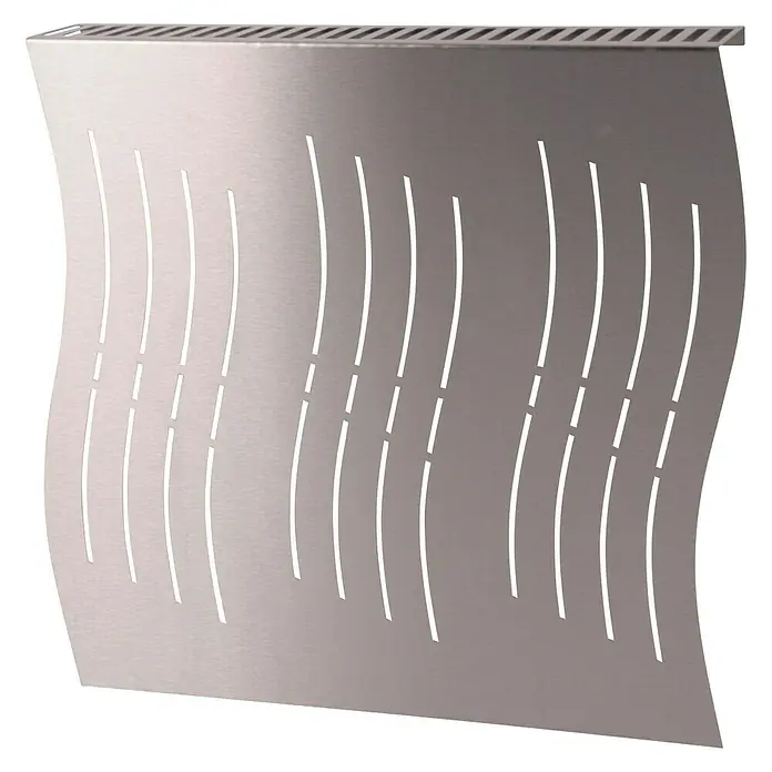 Szagato Heizkörperverkleidung Wave - B x L: 60 x 60 cm, Edelstahl, Matt, 1 Stk. - Ein rechteckiger, gewellter Heizkörper mit vertikalen Schlitzen und einer Lamellenstruktur oben, der eine moderne Wärmeabgabe bietet.