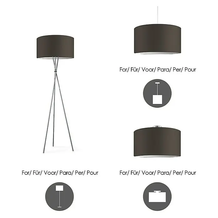 Home Sweet Home Lampenschirm Bling - Ø x H: 50 x 25 cm, Braun - Abbildung einer Stehlampe mit einem dunklen Lampenschirm und einem Stativfuß, daneben Varianten für Hänge- und Deckenmontage.