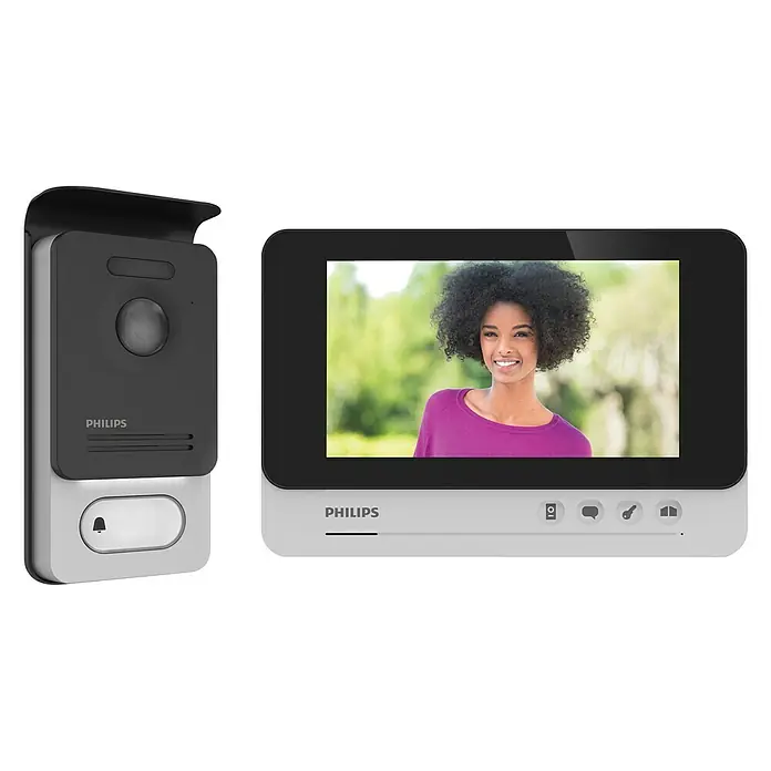 Philips WelcomeEye Farb-Video-Türsprechanlage - Bildschirmdiagonale in cm: 18 cm - Das Philips Türsprechanlagen-Set mit einer Außenstation und einem Monitor, der eine Frau zeigt, bietet eine sichere und komfortable Zugangskontrolle.