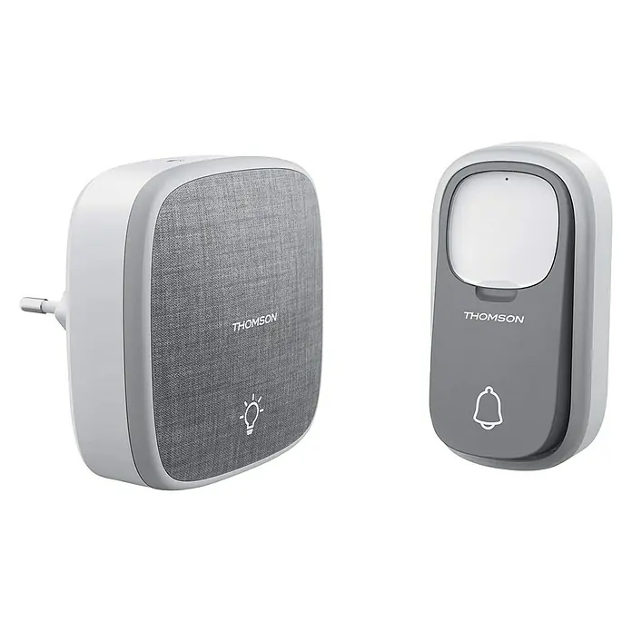 Thomson Türklingel Kinetic Halo Plug - Netzbetrieben, Grau - Thomson Funk-Türklingel-Set mit einem Empfänger und einem Sender, modernes Design mit Stoffstruktur und LED-Anzeige.