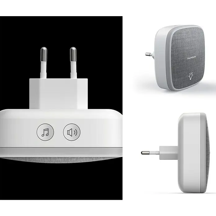 Thomson Türklingel Kinetic Halo Plug - Netzbetrieben, Grau - Produktansicht des Thomson Smart Plug mit Musik- und Lautstärkeregelung für ein intelligentes Zuhause.