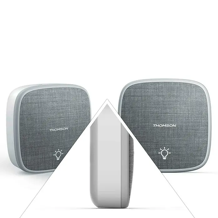 Thomson Türklingel Kinetic Halo - Batteriebetrieben, Grau - Drei Thomson-Lautsprecher in Grau mit minimalistischem Design und abgerundeten Ecken. Ideal für stilvolle Musikwiedergabe.