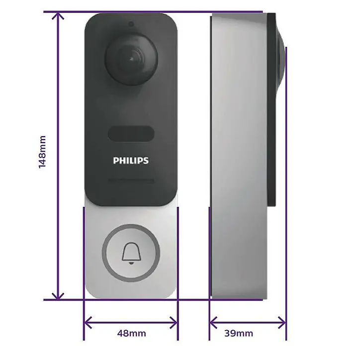 Philips WelcomeEye Farb-Video-Türsprechanlage Link - 1.920 x 1.080 Pixel (Full HD), Schwarz/Grau - Produktansicht des Philips Smart Doorbell mit Abmessungen, die die Höhe (148mm), Breite (48mm) und Tiefe (39mm) anzeigen.