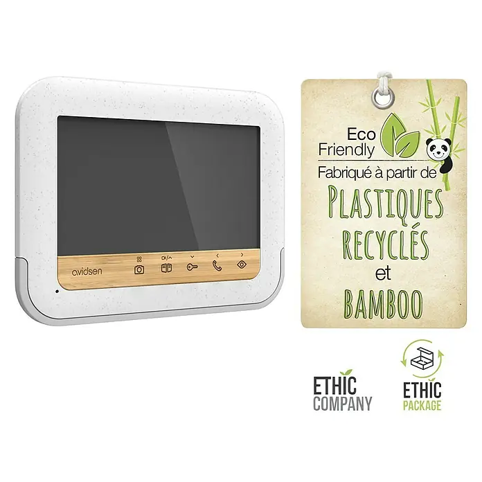 Avidsen Videoportero en color BambooView - Diagonal de pantalla en cm: 18 cm, 800 x 480 píxeles - Videoportero Avidsen, ecológico hecho de plásticos reciclados y bambú para la seguridad sostenible del hogar.