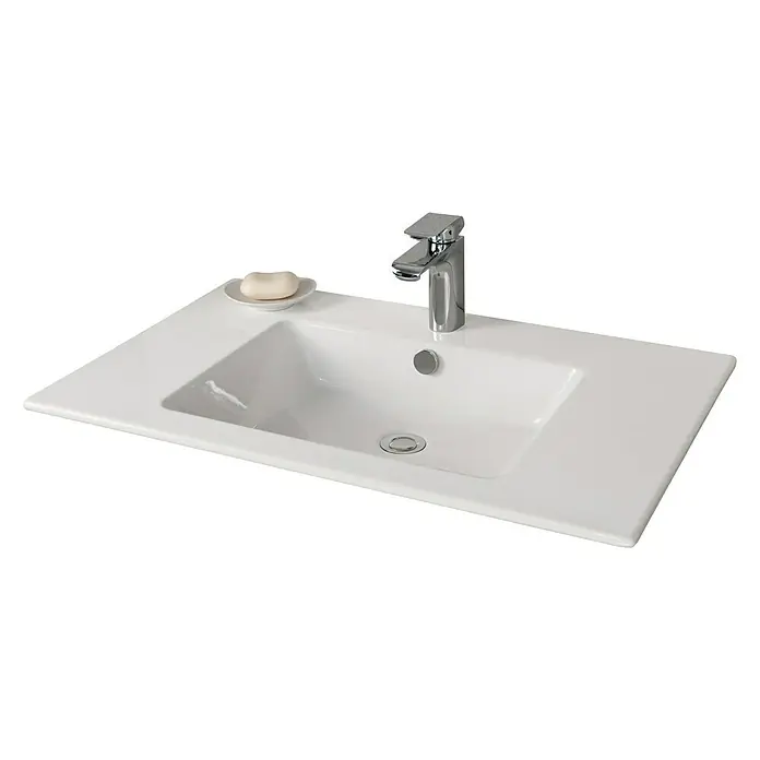 Camargue Stella K Einbauwaschbecken - 81 x 50 cm, Weiß - Ein elegantes Waschbecken mit einer Armatur und Seife, ideal für jedes moderne Badezimmer. Der Waschtisch bietet ausreichend Ablagefläche.