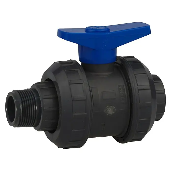 Kugelhahn 2 - ¾″, PVC - Graues PVC-Kugelhahn mit blauen Griff. Ideal für Wasserleitungen und Bewässerungssysteme, um den Durchfluss zu regulieren.