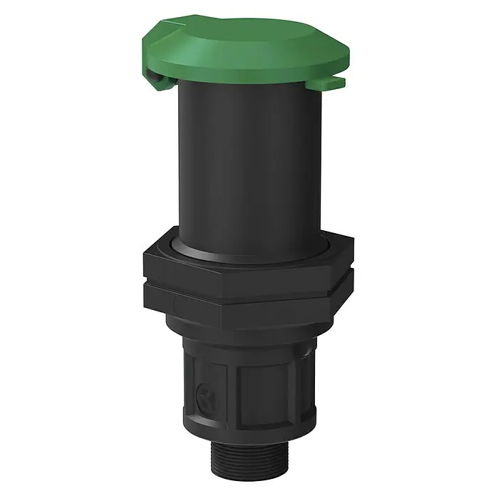 Wassersteckdose - ¾″ - Nahaufnahme eines schwarzen PE-Rohrverbinder-Produkts mit grünem Deckel, das für eine zuverlässige Verbindung im Rohrleitungssystem sorgt.