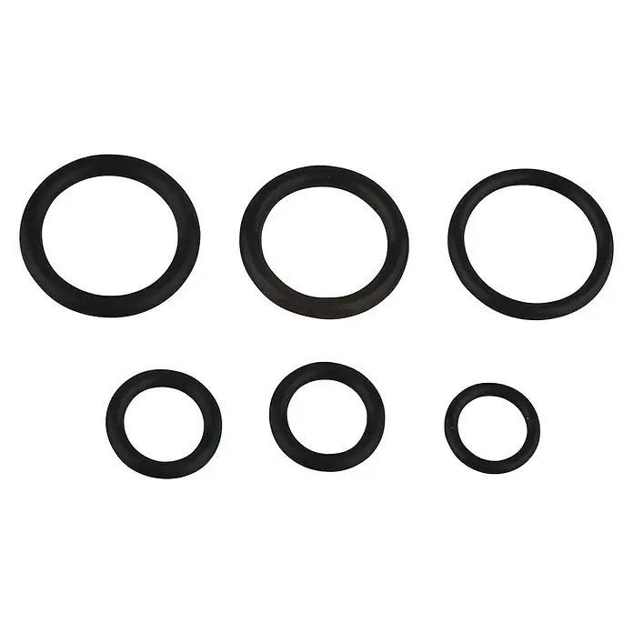 O-Ring-Sortiment - Passend für: Grohe Oberteil ⅜/½″, 6 -tlg. - Abbildung von sechs schwarzen O-Ringen unterschiedlicher Größe, die auf einer schwarzen Oberfläche angeordnet sind.