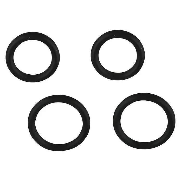 O-Ring-Sortiment - 4 Stk., Gummi - Schwarze O-Ringe auf schwarzem Hintergrund. Die O-Ringe sind kreisförmig und aus Gummi oder einem ähnlichen Material. Sie sind für Dichtungszwecke gedacht.