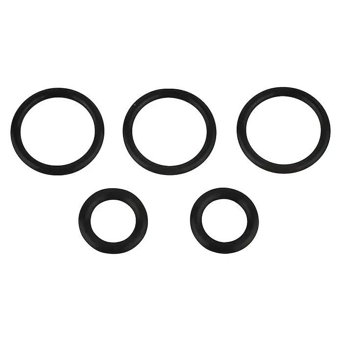 O-Ring-Set - 5 Stk., Gummi, Passend für: Grohe-Euromixkartusche - Eine Nahaufnahme von fünf schwarzen O-Ringen unterschiedlicher Größe, die auf einer schwarzen Oberfläche angeordnet sind.