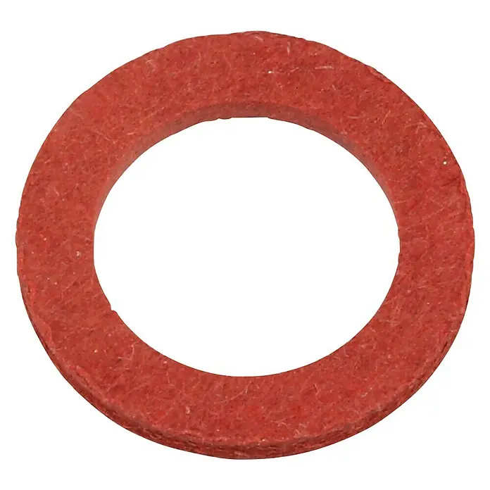 Fiberdichtung - ½″, 4 Stk., Geeignet für: Brauseschläuche - Nahaufnahme einer roten Filzscheibe mit einem Loch in der Mitte, die als Dichtung oder Unterlegscheibe dienen kann.