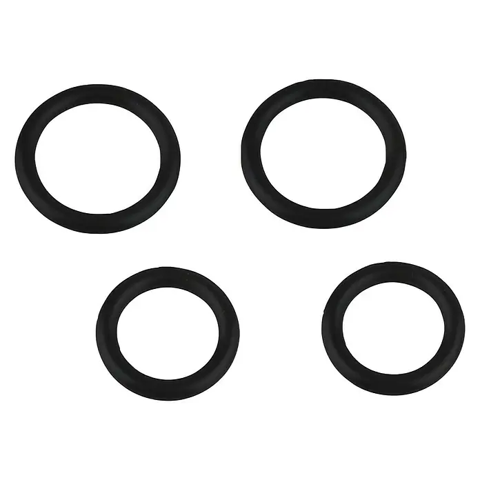 O-Ring-Set - Passend für: Gardena Klicksystem, 4 -tlg. - Detailaufnahme von vier schwarzen O-Ringen, die für Dichtungsanwendungen in verschiedenen Branchen eingesetzt werden und hohe Präzision aufweisen.